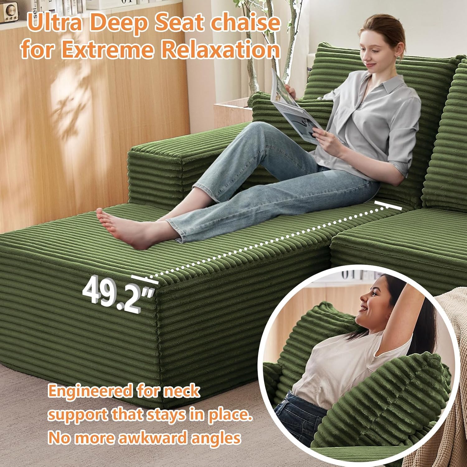 107" Modular Sectional Sofa with Ottoman, Modern Corduroy Cloud Couch with Deep Seat, Boneless Couch Upholstered 3-Seater U-Shaped Sofa for Living Room, No Assembly (Green, Left-Facing Chaise)