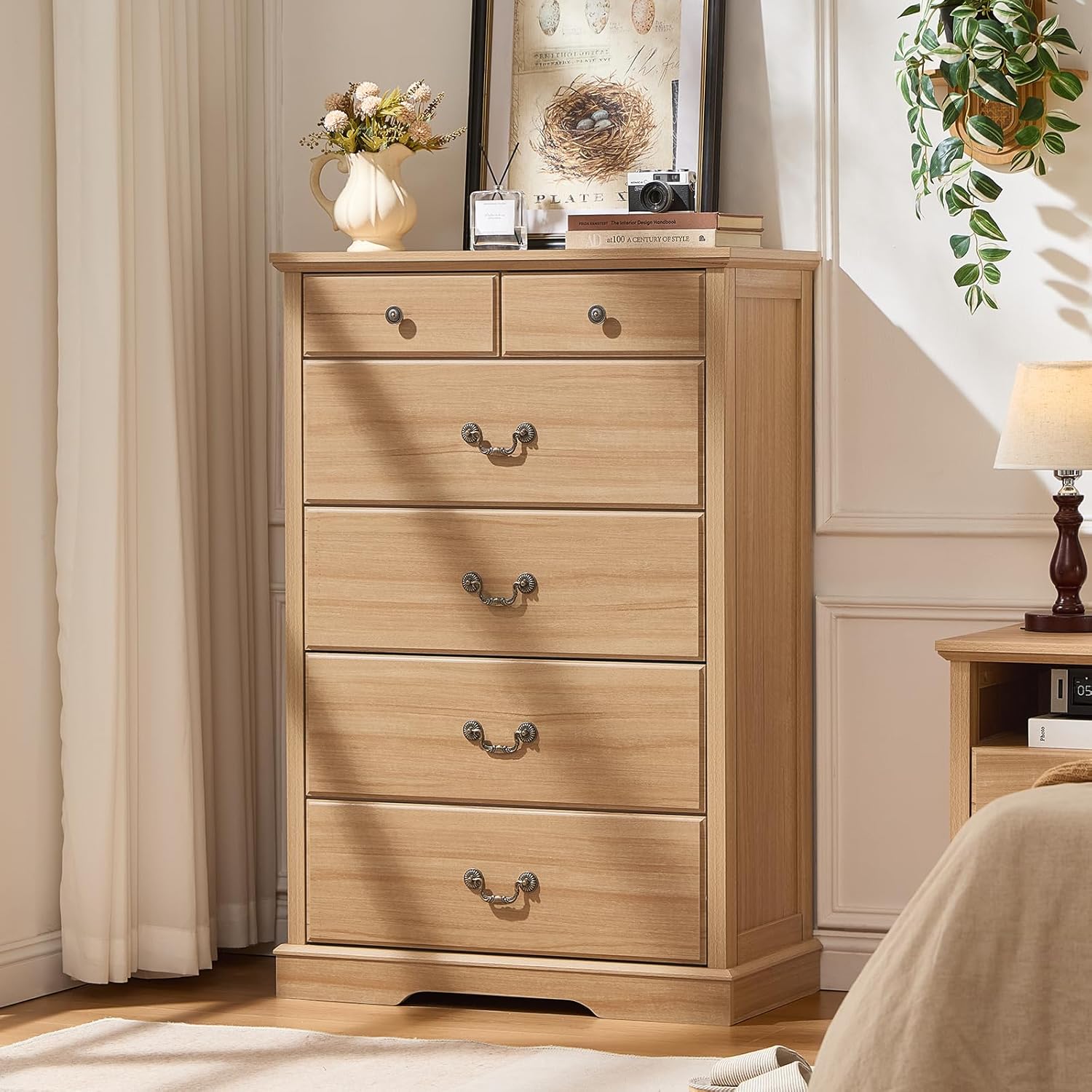 6 Drawer Dresser,Farmhouse Wood Chest of Drawers for Bedroom,47" Tall Dresser with Rustic Handles,Wood Drawer Organizer for Living Room,Hallway,Closet,Natural