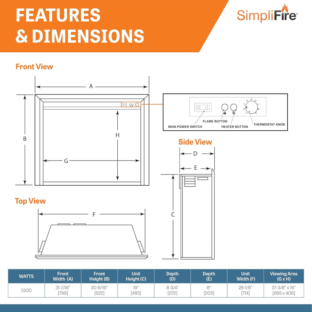 SimpliFire Electric Fireplace Insert, 32-Inch, Textured Logs, Remote Control, 1500W Heater (GI-32-ZC)