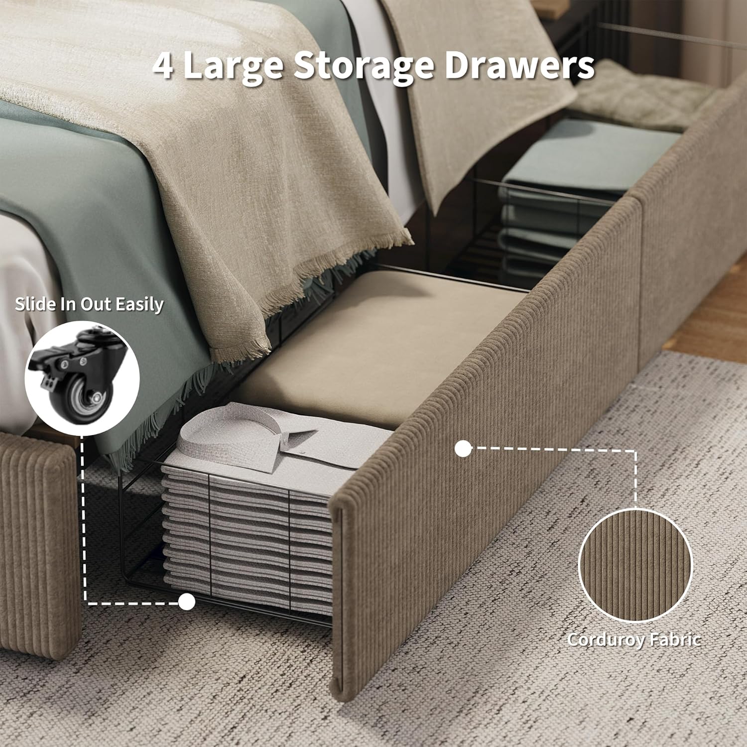 Garvee Corduroy Full Bed Frame with Headboard, Platform Upholstered Bed Frame with 4 Storage Drawers and Wooden Slats Support, No Box Spring Needed, Brown