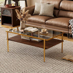 Casaphoria Rectangle Coffee Table with Gray Tempered Glass Top, 2-Tier Modern Center Cocktail Table with Golden Metal Legs and Wooden MDF Storage Shelf for Living Room, 38 Inch, 220 LBS Capacit