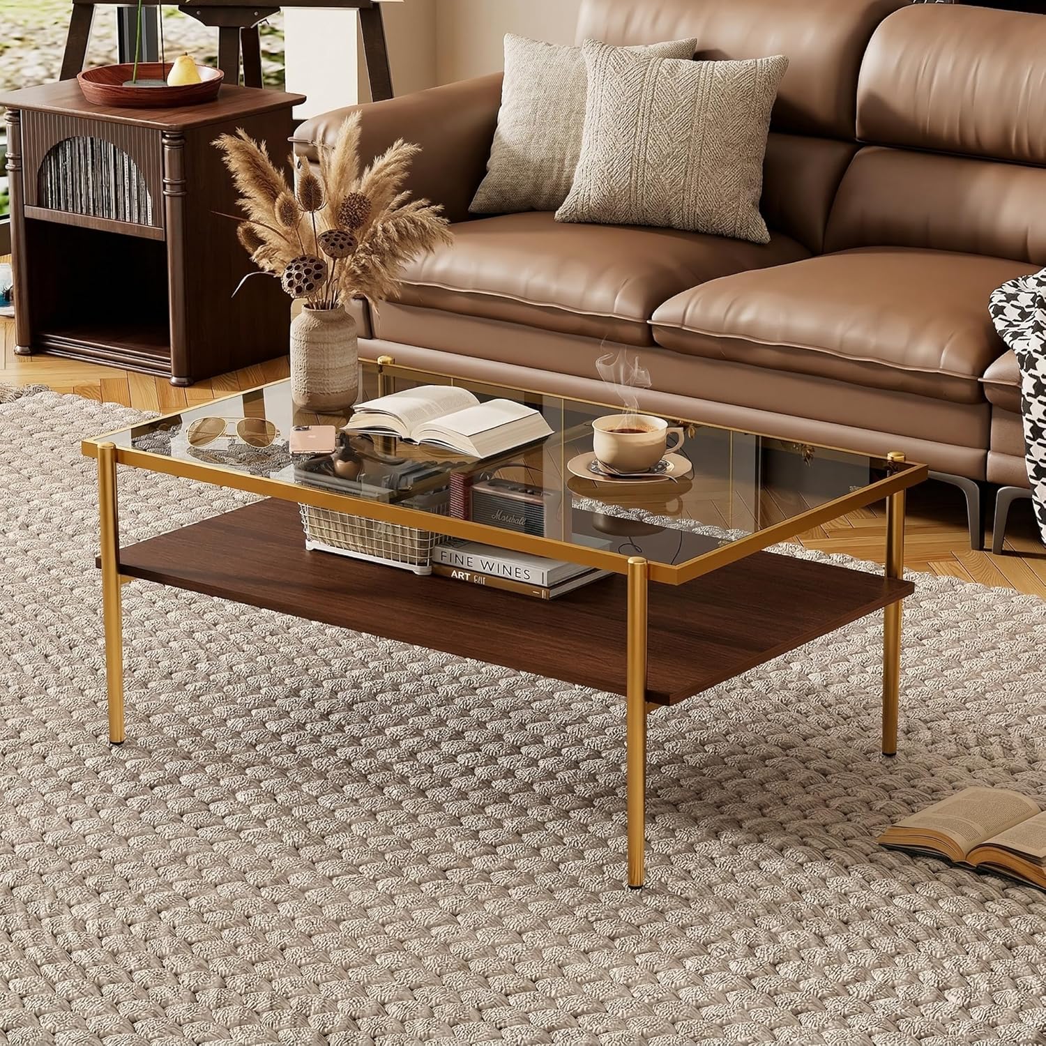 Casaphoria Rectangle Coffee Table with Gray Tempered Glass Top, 2-Tier Modern Center Cocktail Table with Golden Metal Legs and Wooden MDF Storage Shelf for Living Room, 38 Inch, 220 LBS Capacit