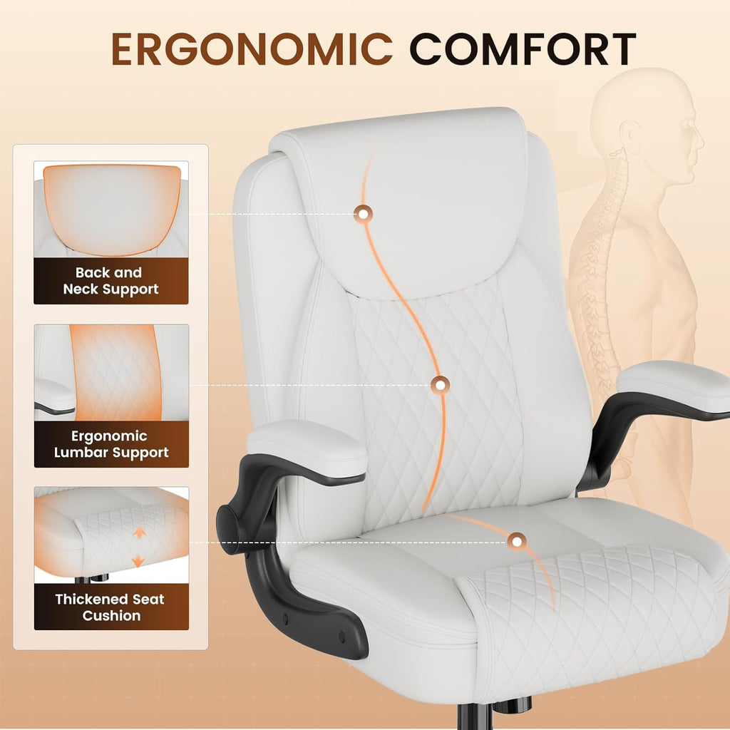 GTPLAYER Leather Office Chair, Home Desk Chair with Flip-up Arms and Ergonomic Back - Comfy Heavy Duty Executive Chair for Home Office Gaming, White