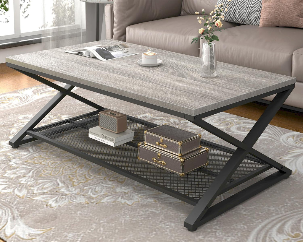 LVB Gray Coffee Table, Farmhouse Wood Metal Center Table with Storage for Living Room, Industrial Wooden 2 Tier Rectangle Cocktail Tea Table with Mesh Shelf for Office Bedroom, 47 inch, Light Grey Oak