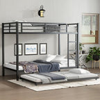 Metal Bunk Bed Twin XL over Twin XL with Trundle for 3 Kids/Teens/Adults, Heavy-duty Metal Bunk Bed Frame with Ladder & Safety Guardrail, Space-saving Design for Bedroom/Kidsroom/Dorm, Black
