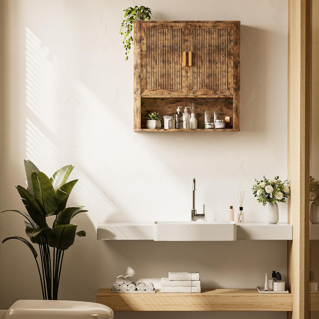 INNOD Bathroom Wall Cabinet, Wall-Mounted Medicine Cabinet with Adjustable Wood Shelf & Doors, Floating Bathroom Cabinet Over Toilet for Laundry Room & Kitchen & Living Room (Retro)