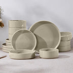 E-far 16-Piece Plates and Bowls Sets - Stoneware Dinnerware Sets with Pasta Bowls for 4 | Microwave & Dishwasher Safe Kitchen Modern Dish Set, Speckled Khaki