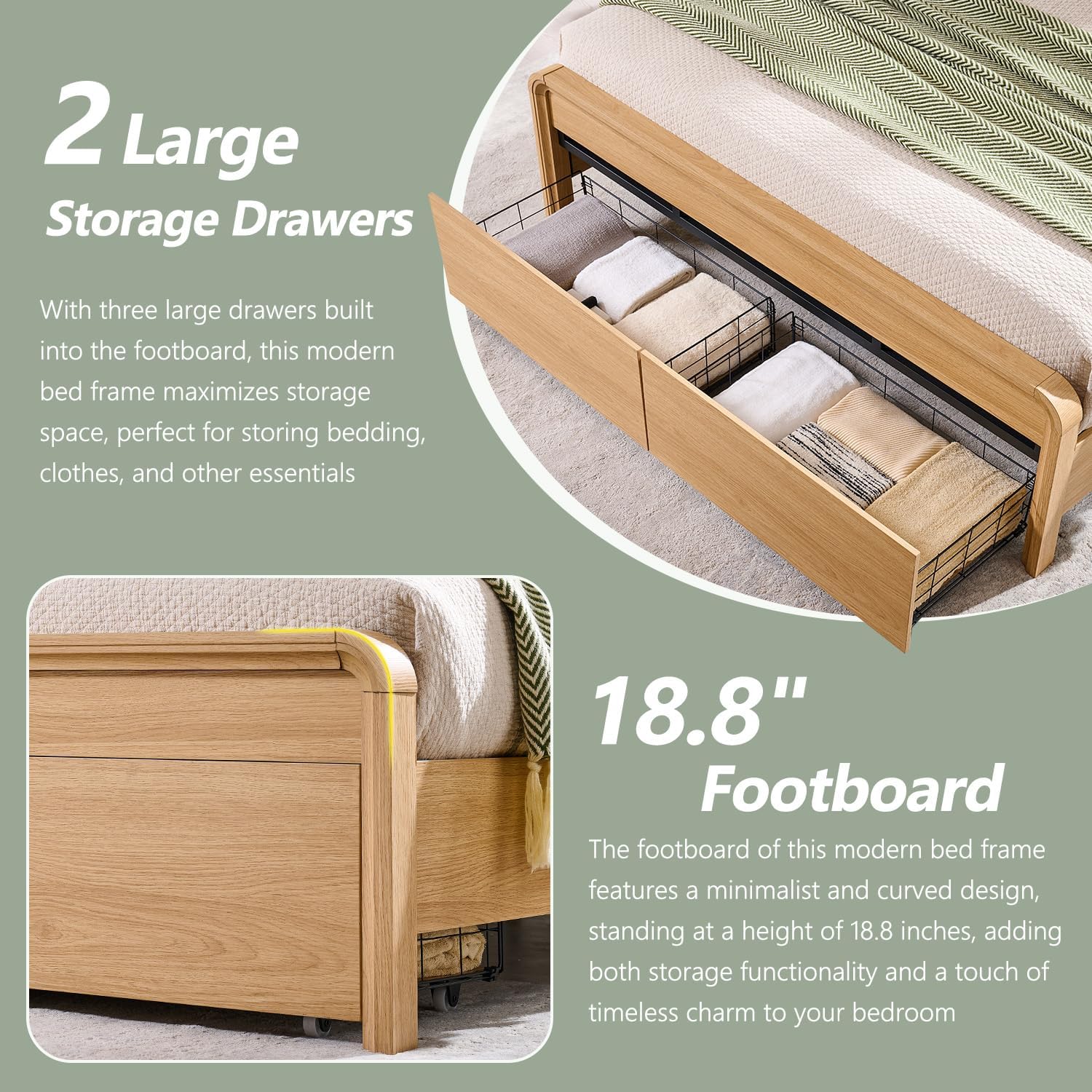 Modern Queen Size Bed Frame with 50" Tall Headboard, Wood Queen Size Platform Bed Frame w/3 Storage Drawers, Curved Profile Design, No Box Spring Needed, Easy Assembly, Noise Free, Natural Oak