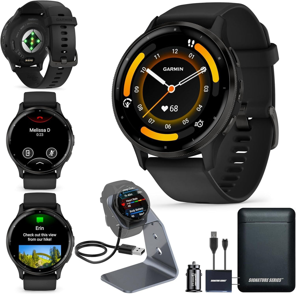 Garmin Venu 3 Running GPS Smartwatch with AMOLED Display  Advanced Health  Fitness Features  Up to 14 Day Battery Life with Signature Power Bundle | Slate with Black Silicone Band