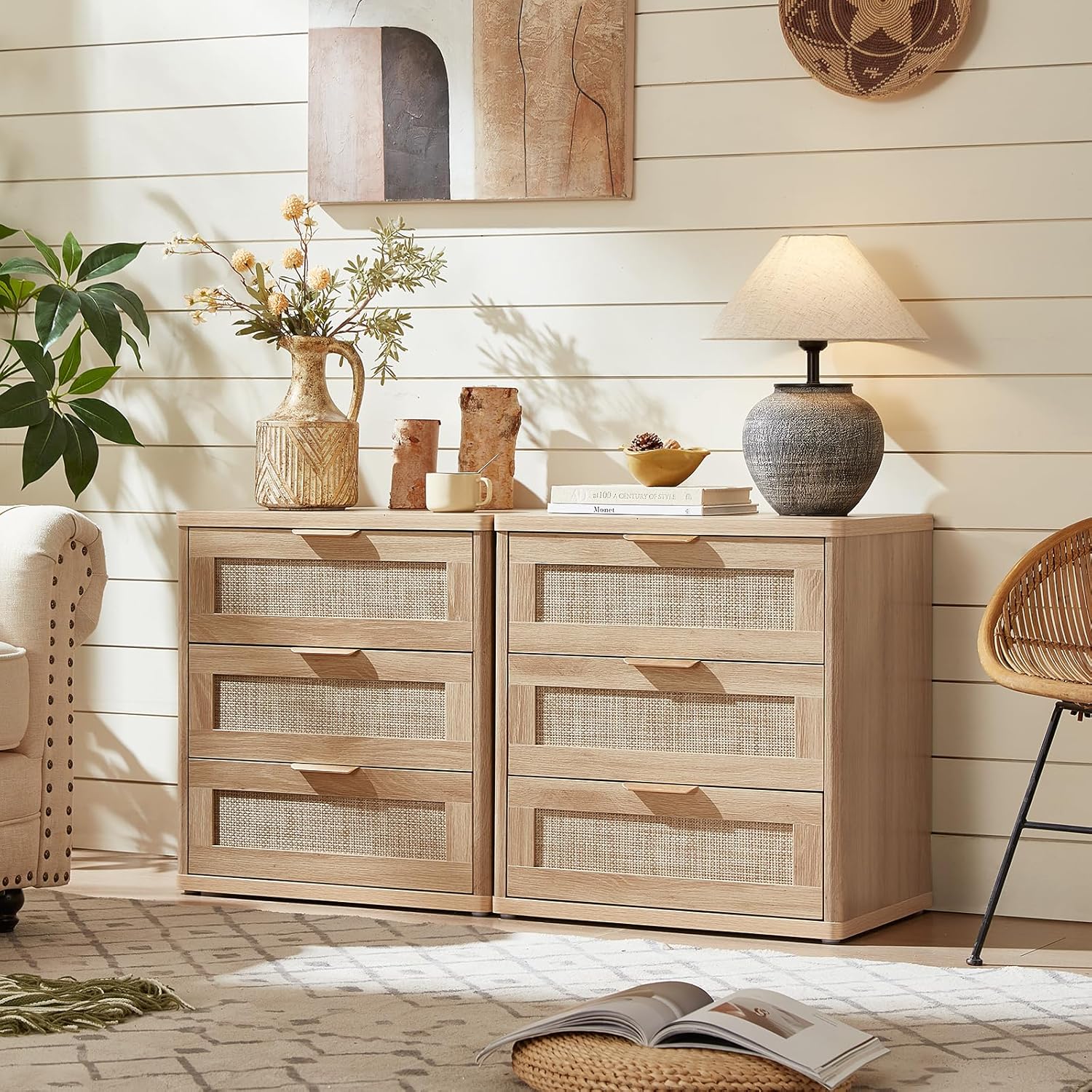 LEYAOYAO Rattan Dresser and Nightstand Sets 3 Piece, Boho Wood Dresser for Bedroom with 6 Drawers and Night Stand with 3 Drawer, Bedroom Furniture, Dressers & Chests of Drawers, Living Room, Hallway