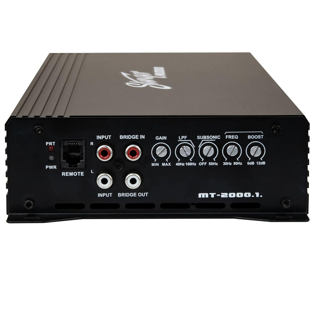 Stinger Audio MT20001 1-Channel Monoblock 2000 Watt RMS Car Audio Subwoofer Amplifier w/Remote Control Bass Knob  Class D  Hexfet Mosfet  Subsonic Filter  Low-Pass Filter  Bass Boost Q