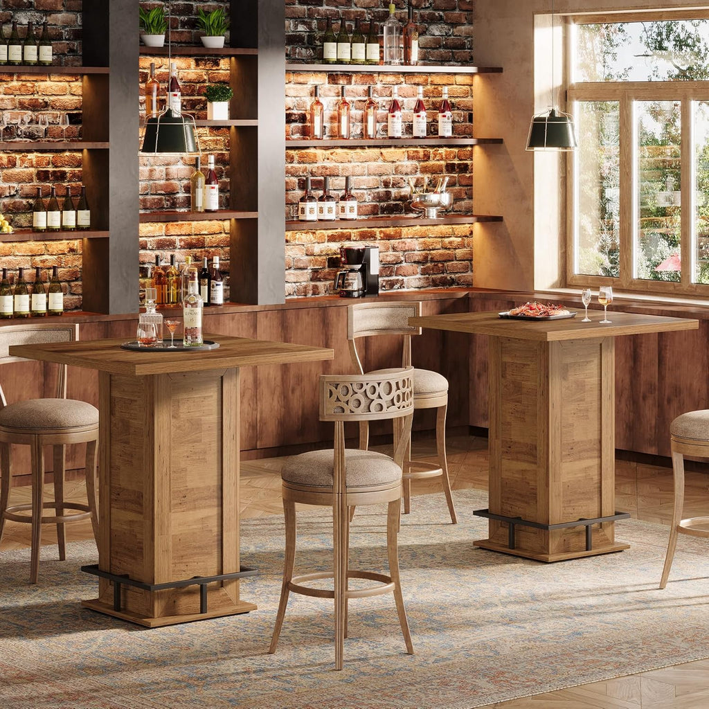 Tribesigns 39.4" H Square Bar Table, Industrial High Top Bistro Pub Cocktail Table with Metal Footrest for Kitchen Nook, Home Bar, Small Bars, Rustic Brown (Table Only)