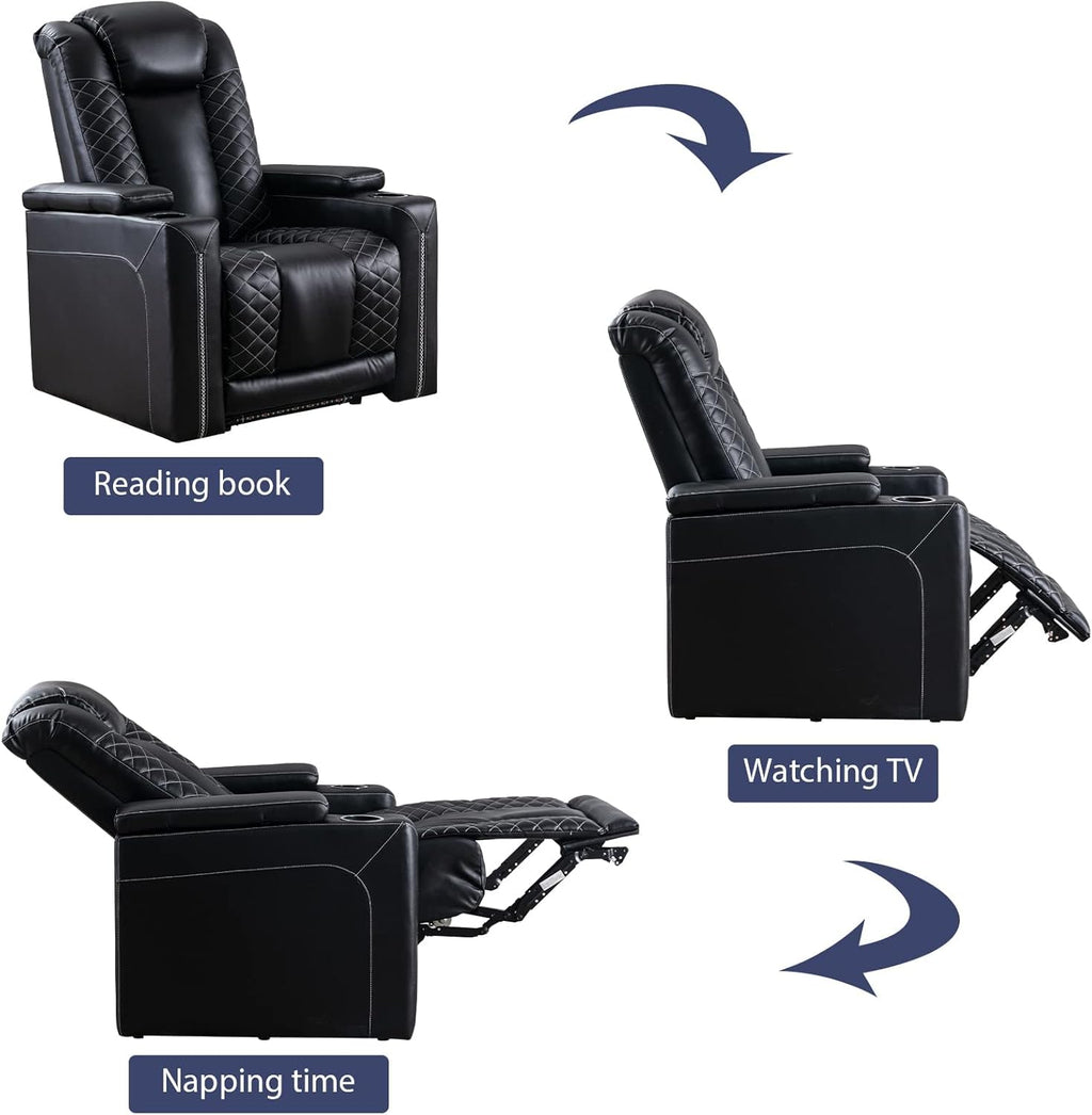CANMOV Electric Power Recliner Chairs with USB Ports and Cup Holders, Breathable Faux Leather Home Theater Seating Recliner with Hidden Arm Storage, Ambient Lighting, Black