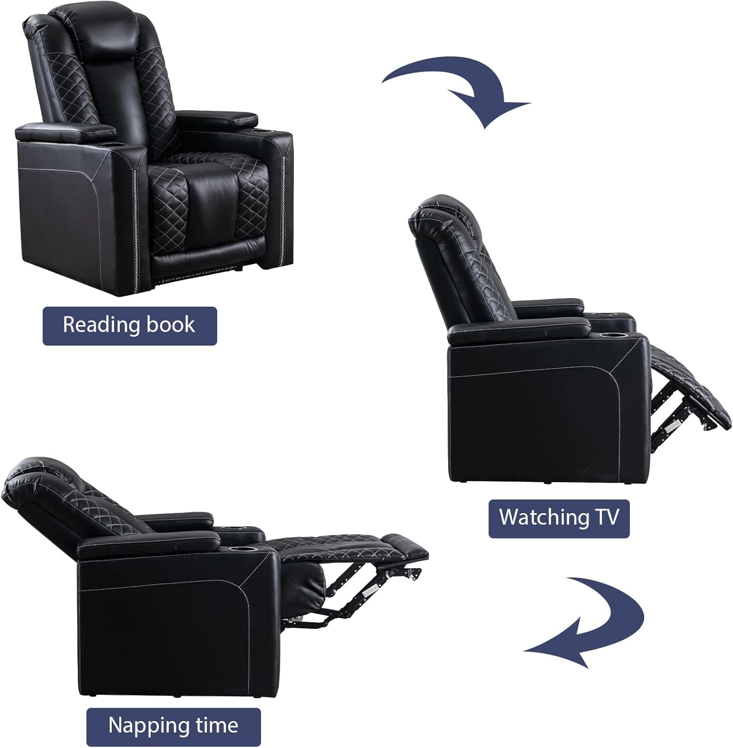 CANMOV Electric Power Recliner Chairs with USB Ports and Cup Holders, Breathable Faux Leather Home Theater Seating Recliner with Hidden Arm Storage, Ambient Lighting, Black
