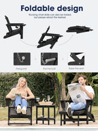 KINGYES Adirondack Rocking Chair with Retractable Ottoman and Cup Holders, HDPE Adirondack Rocker Patio Rocking Chair for Porch, Patio, Balcony, Black