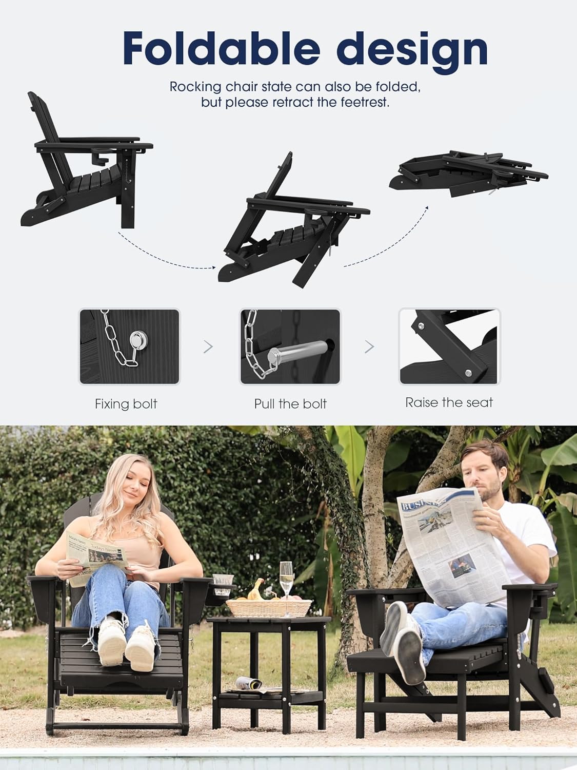 KINGYES Adirondack Rocking Chair with Retractable Ottoman and Cup Holders, HDPE Adirondack Rocker Patio Rocking Chair for Porch, Patio, Balcony, Black
