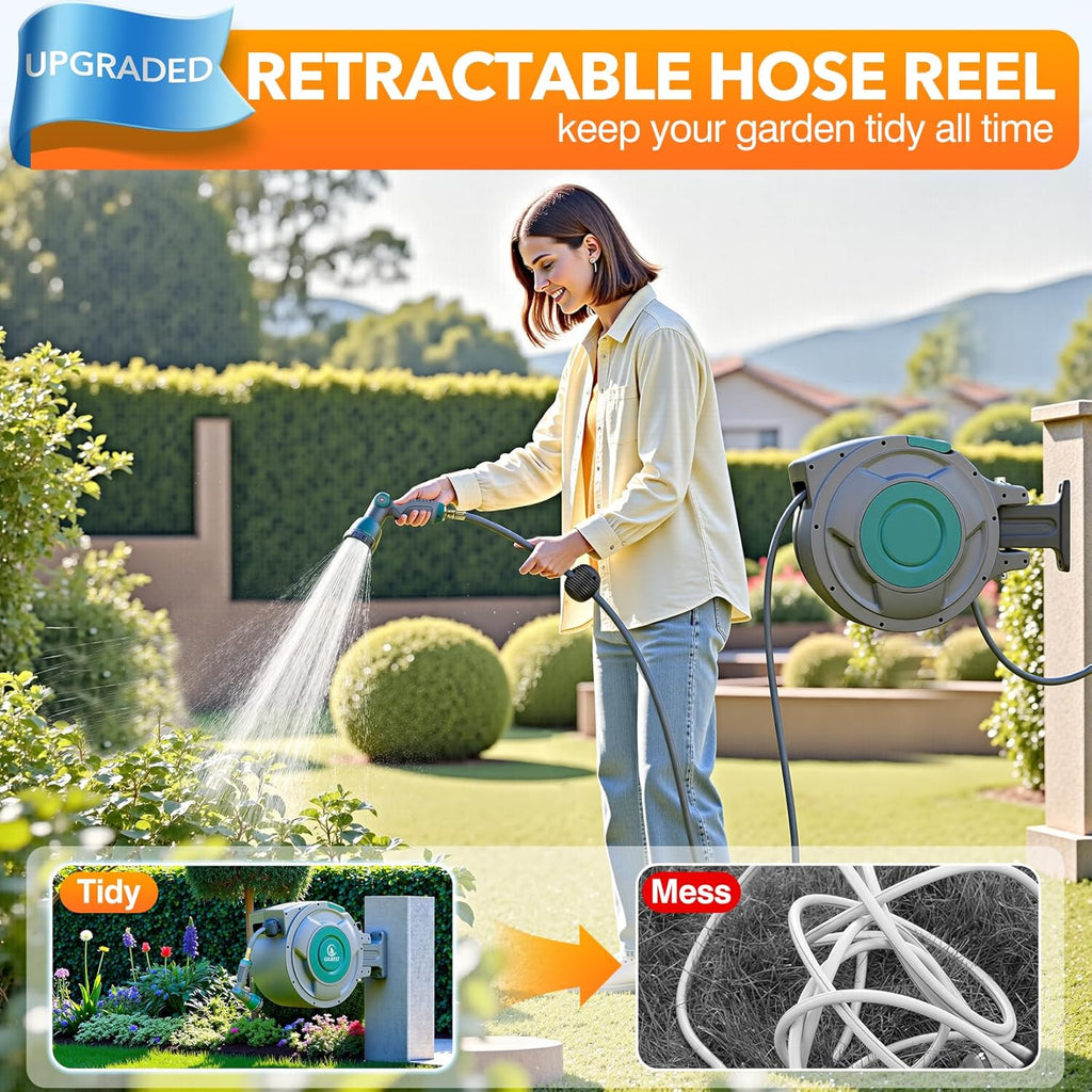 100 ft x 5/8" Retractable Garden Hose Reel  Heavy Duty Water Hose Reel Wall Mounted  Any Length Lock  180°Swivel  Water Hose with 10-Function Nozzle for Cleaning  Watering (Green)