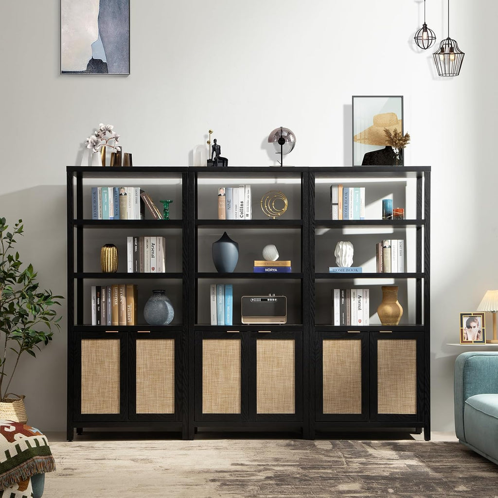 SICOTAS Bookshelf 5 Tier Book Shelf Rattan Boho 71" Tall Bookcase with Doors Storage Shelves Large Bookshelves Farmhouse Bookcases Library Book Case for Living Room Bedroom Home Office Kitchen