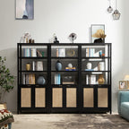 SICOTAS Bookshelf 5 Tier Book Shelf Rattan Boho 71" Tall Bookcase with Doors Storage Shelves Large Bookshelves Farmhouse Bookcases Library Book Case for Living Room Bedroom Home Office Kitchen