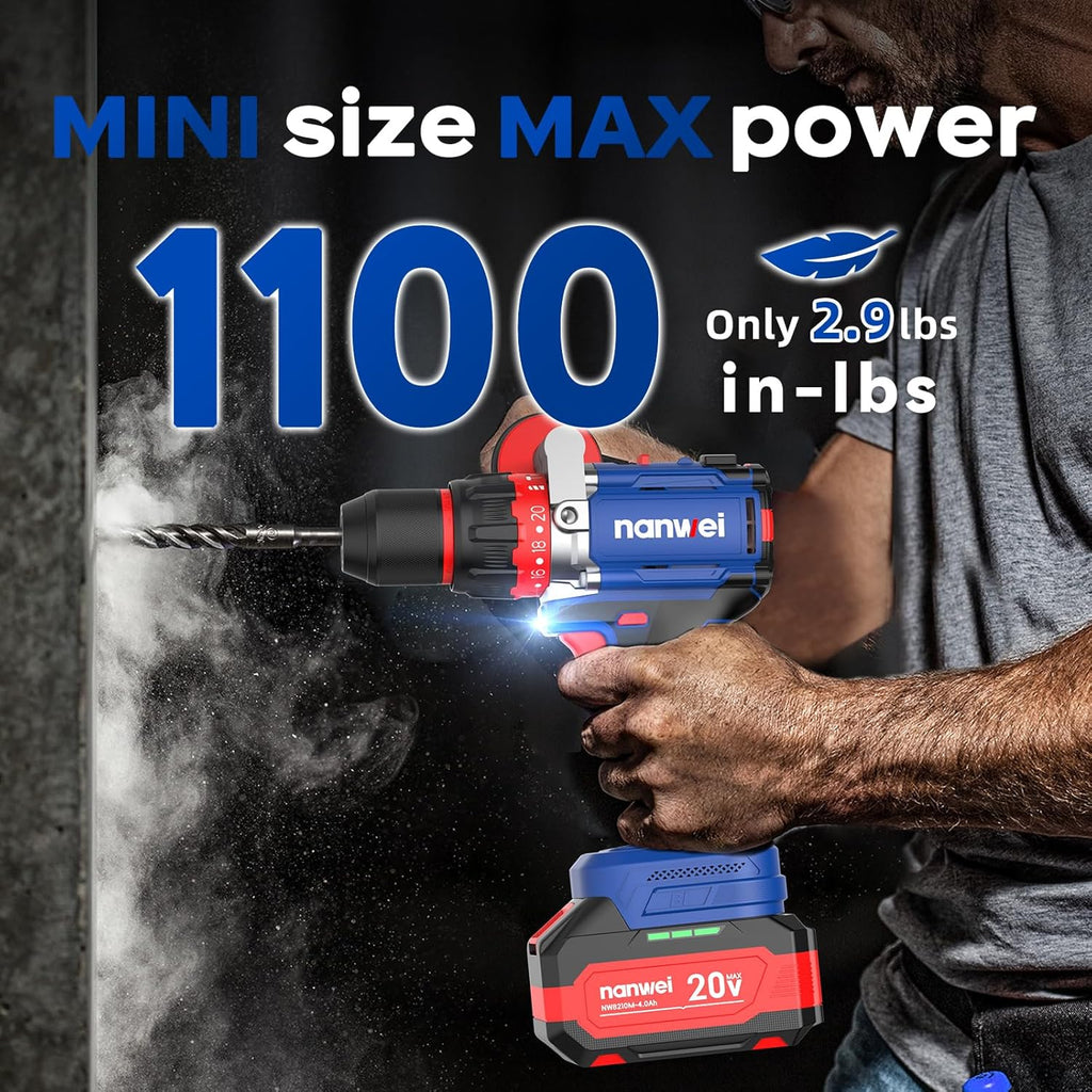 NANWEI Hammer Drill, 1100 in-lbs, 26000BPM, 1/2" Keyless Metal Chuck, 20+1+1 Clutch, 2x4.0Ah Batteries, 20V Brushless Cordless Heavy-duty Impact Drill Kit for Drilling concrete,Brick Wall, Metal, Wood