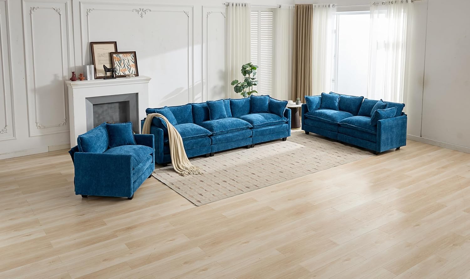 SoarFlash Chenille 77.95" Sectional Sofa, Comfy L Shaped Modular Coush Sofa with Ottoman, Modern 2 Seat Couch Deep Seat Sofa Set for Living Room,Blue