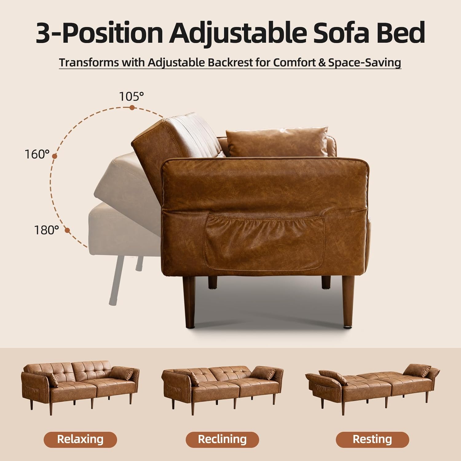 85” Futon Sofa Bed, Sleeper Sofa, Small Couch with Storage Adjustable Armrests Pillows, Faux Leather Loveseat, Mid Century Modern Couches for Living Room, Bedroom, Apartment, Brown