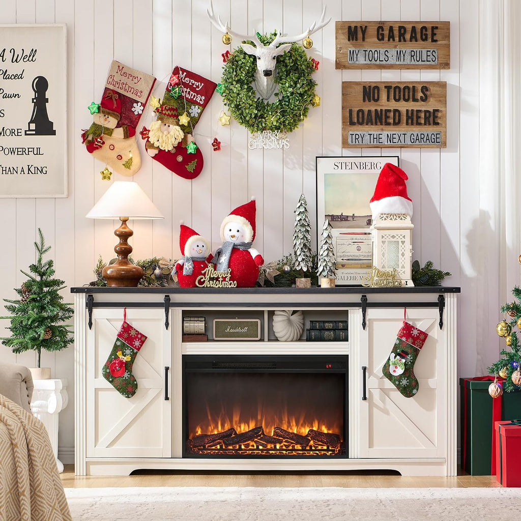 JXQTLINGMU Farmhouse Fireplace TV Stand for 75,80 Inch TV, 32" Tall Entertainment Center w/4 Drawers & Sliding Barn Door, 70-Inch Highboy Media Console for Living Room, Off White