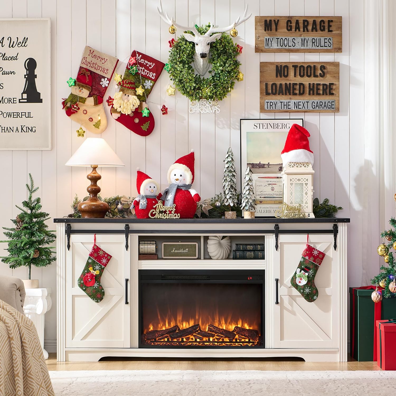 JXQTLINGMU Farmhouse Fireplace TV Stand for 75,80 Inch TV, 32" Tall Entertainment Center w/4 Drawers & Sliding Barn Door, 70-Inch Highboy Media Console for Living Room, Off White