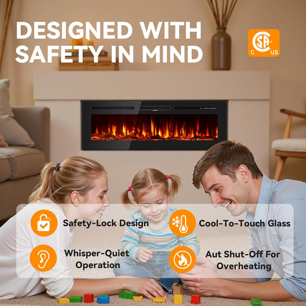 Tehanld 60 Inch Electric Fireplace in-Wall Recessed and Wall Mounted, Ultra-Thin Linear Fireplace Heater 750/1500W with Realistic Flame, Higher Temperatures & Lower Noise, Log Set & Crystal Options
