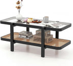 Giantex Rattan Coffee Table, 47.5" Rectangle Solid Wood Tea Table w/Tempered Glass Tabletop, Rattan Storage Shelf, 2-Tier Boho Coffee Tables, Farmhouse Center Table for Living Room (Black)
