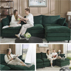 Apicizon 108" Cloud Couch Sectional, 3-Seat Deep Cloud Sofa with Ottoman, Modern U Shape Sectional Sofa Corduroy for Living Room, Apartment, Office, Green