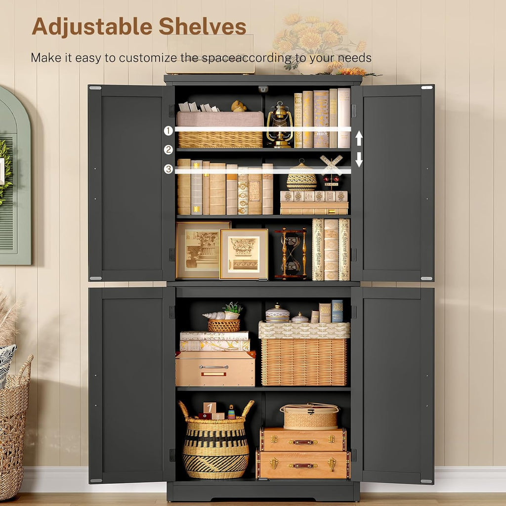 TEENFON 58" H Storage Cabinet with Adjustable Shelf, Kitchen Cabinet with 4 Doors, Farmhouse Pantry Cabinets, Cupboard for Kitchen, Bathroom, Living Room, Black