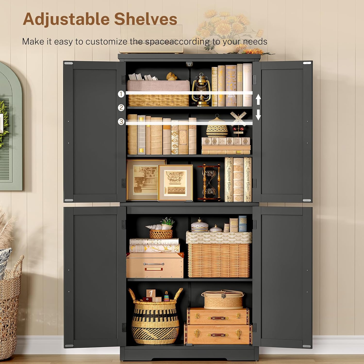 TEENFON 58" H Storage Cabinet with Adjustable Shelf, Kitchen Cabinet with 4 Doors, Farmhouse Pantry Cabinets, Cupboard for Kitchen, Bathroom, Living Room, Black