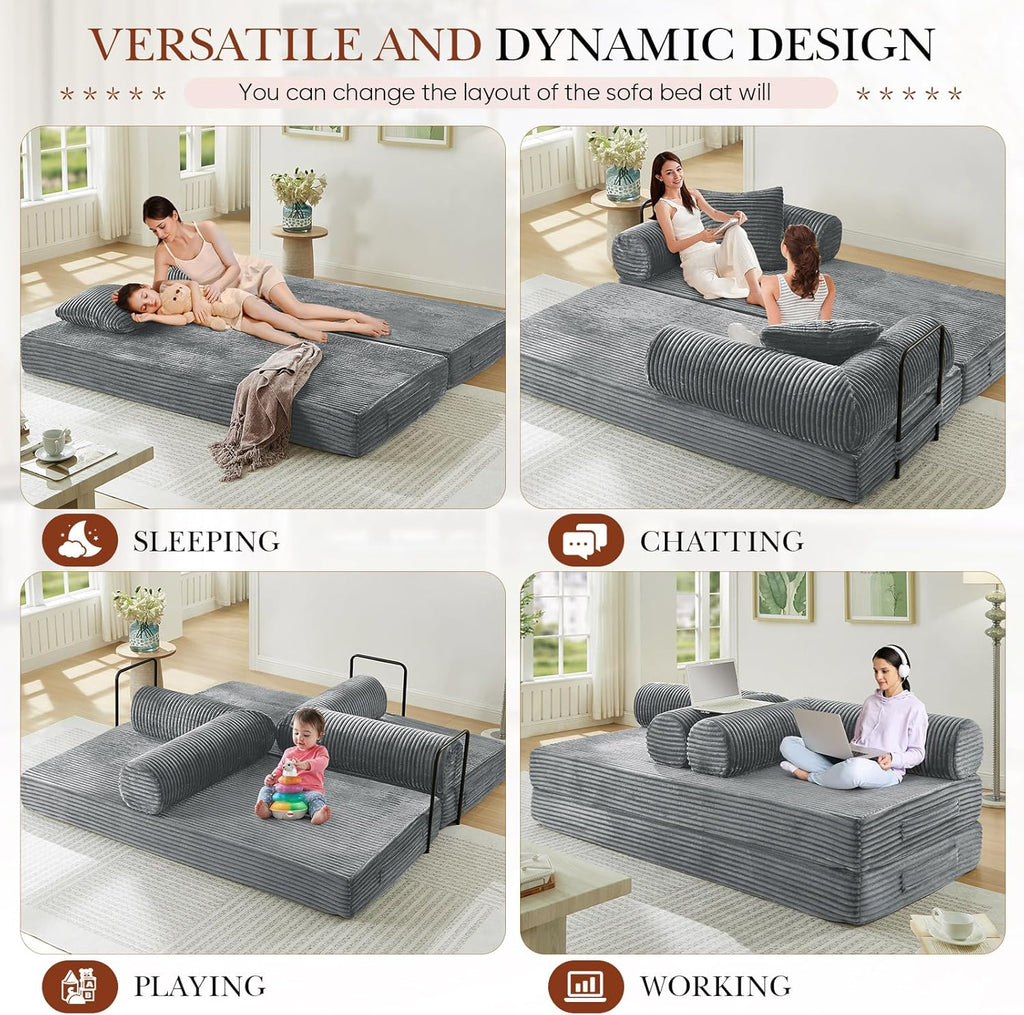Antetek Modular Couch Bed, Convertible Folding Plush Corduroy Comfy Floor Compression Loveseat Sleeper Sofa Couch, King Size Bed for Guest Room Living Room Bedroom, No Assembly Required, Light Grey