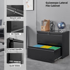 Guizeeopo Metal File Cabinet with Lock, 2 Drawer Lateral File Cabinets for Home Office, Printer Stand, Heavy Duty Office Storage Cabinet for A4/Letter/Legal Size, Assembly Required(Black)