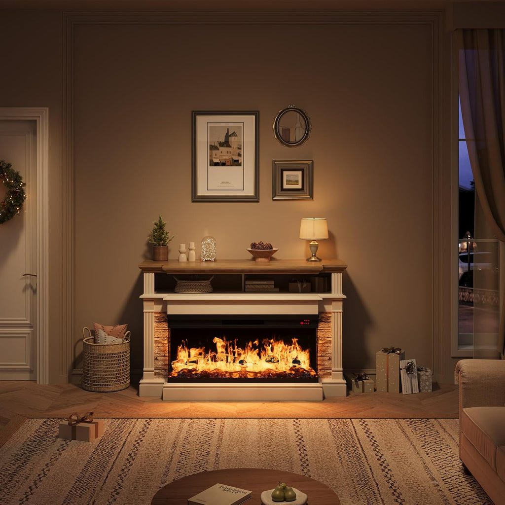QUW Fireplace TV Stand for TVs up to 65", Farmhouse 52" Fireplace Entertainment Center with 36" 3-Side Glass Electric Fireplace, TV Console with Open Storage Shelves for Living Room, Antique White