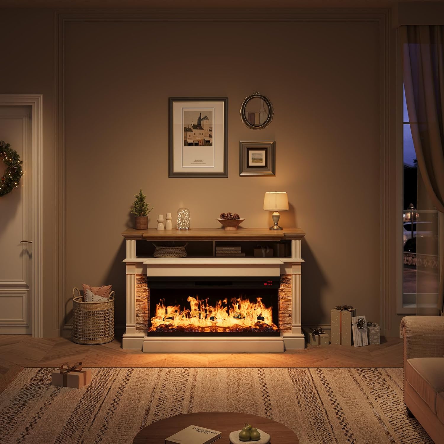 QUW Fireplace TV Stand for TVs up to 65", Farmhouse 52" Fireplace Entertainment Center with 36" 3-Side Glass Electric Fireplace, TV Console with Open Storage Shelves for Living Room, Antique White
