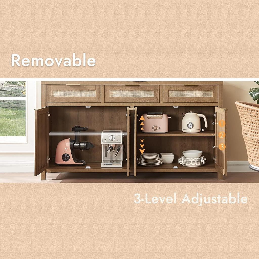 Rattan Sideboard Buffet Cabinet, Boho Storage Cabinet with Adjustable Shelves, Farmhouse Credenza Coffee Bar Cabinets with 4 Doors & 3 Drawers for Living Room, Hallway & Kitchen