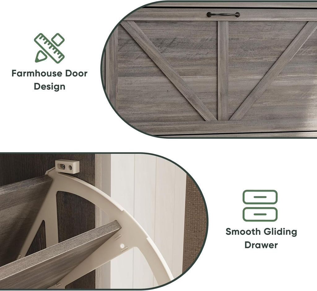 Smart FENDEE Shoe Storage Cabinet with 2 Flip Drawers, Farmhouse Narrow Shoe Cabinet Storage for Entryway, Slim Shoe Rack Cabinet with Wooden Feet, Gery