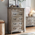 T4TREAM Farmhouse 6 Drawers Dresser Chests for Bedroom w/4 Solid Wood Feet & Column Decor, Tall Wood Country Rustic Chest of Drawers, Storage Dressers for Bedroom, Living Room, Light Rustic Oak