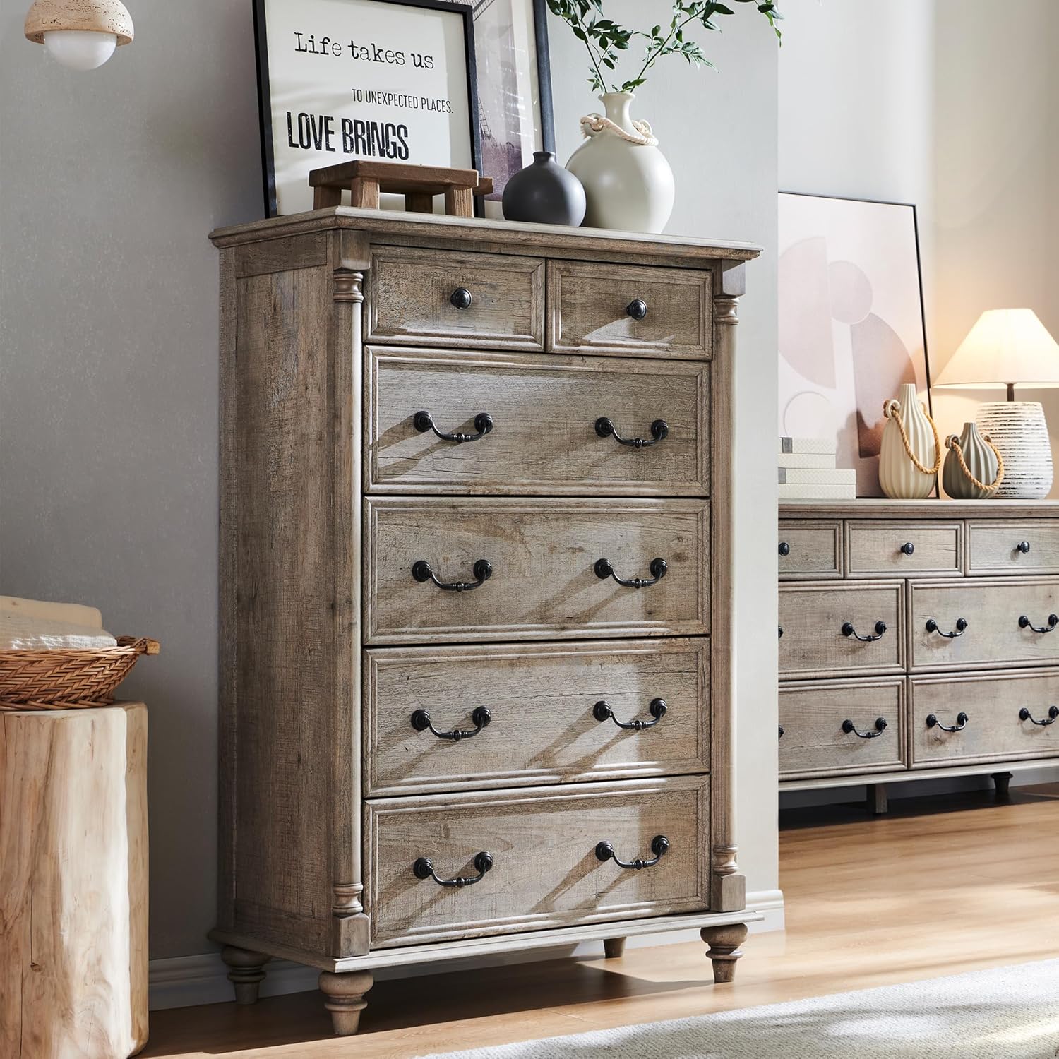 T4TREAM Farmhouse 6 Drawers Dresser Chests for Bedroom w/4 Solid Wood Feet & Column Decor, Tall Wood Country Rustic Chest of Drawers, Storage Dressers for Bedroom, Living Room, Light Rustic Oak