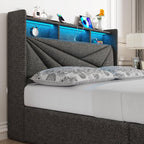 LED Queen Bed Frame with 4 Storage Drawers, Upholstered Bed Frame Queen Size with 2-Tier Headboard and Charging Station, No Box Spring Needed, Easy to Assembly - Dark Grey