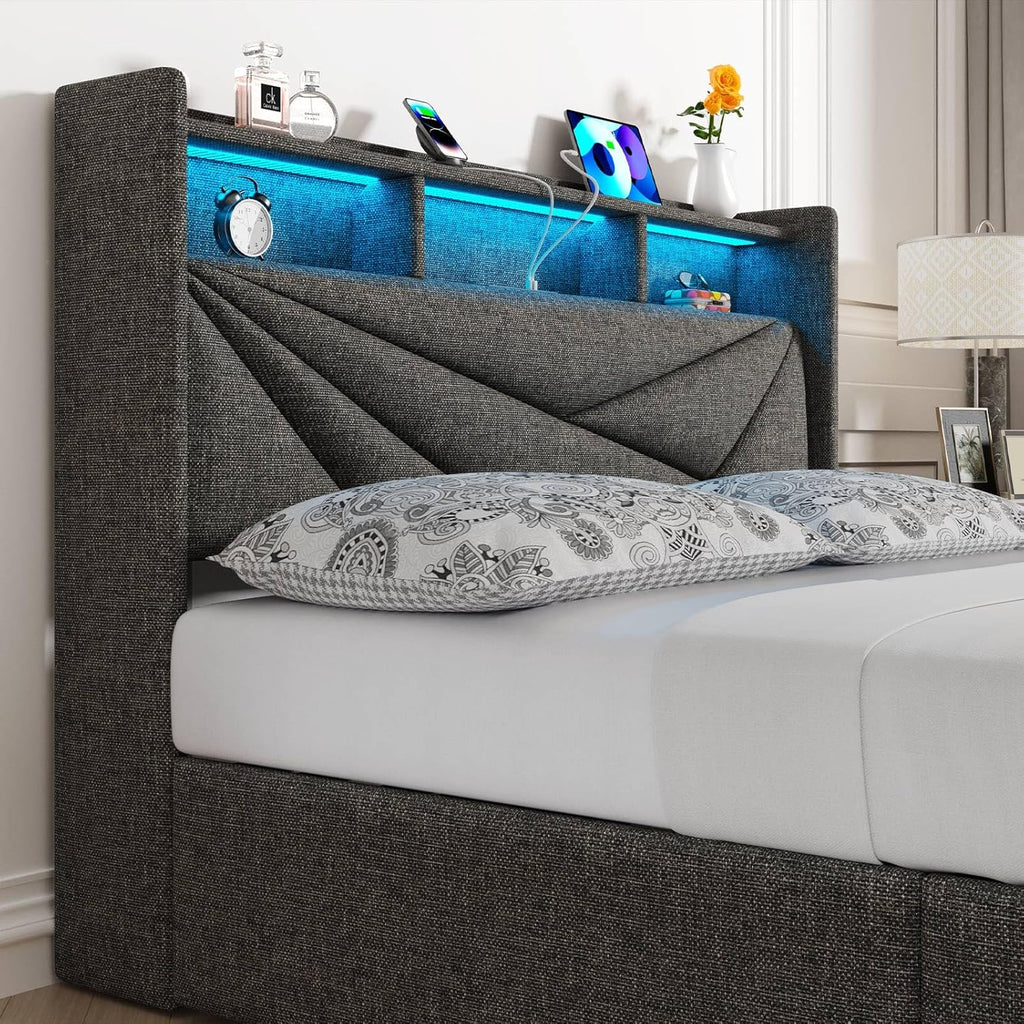 LED Queen Bed Frame with 4 Storage Drawers, Upholstered Bed Frame Queen Size with 2-Tier Headboard and Charging Station, No Box Spring Needed, Easy to Assembly - Dark Grey