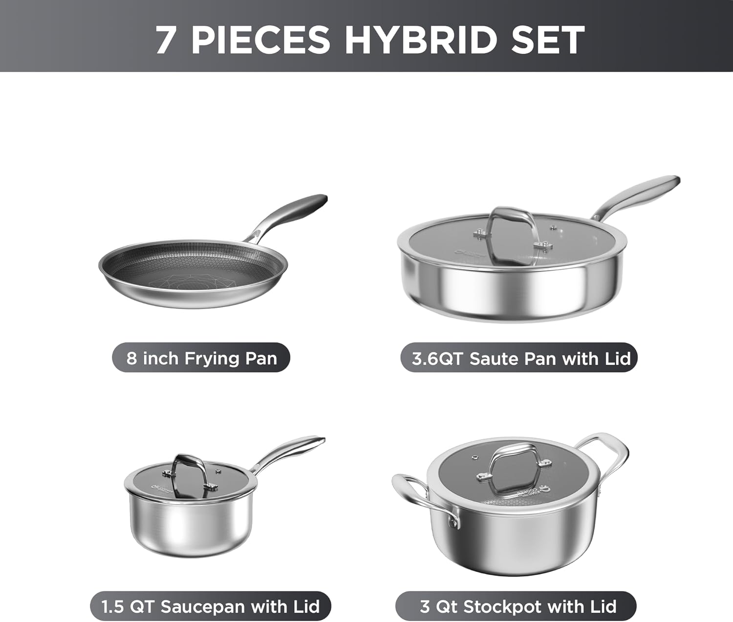COOKER KING 7 PCS Stainless Steel Cookware Set, Pots and Pans Set Non Stick, Hybrid Cookware,Non-Stick Frying Pan, Saucepan, Saute Pan & Stockpot, Non-Toxic, Oven Safe, Induction Compatible