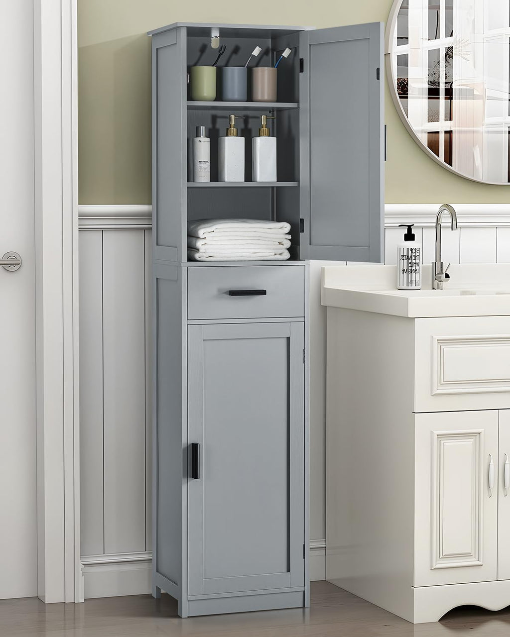 usikey 67“ Tall Bathroom Cabinet, Storage Cabinet with 4 Shelves & 2 Doors, Narrow Storage Cabinet for Bathroom, Living Room, Home Office, Greige UNSNG040G