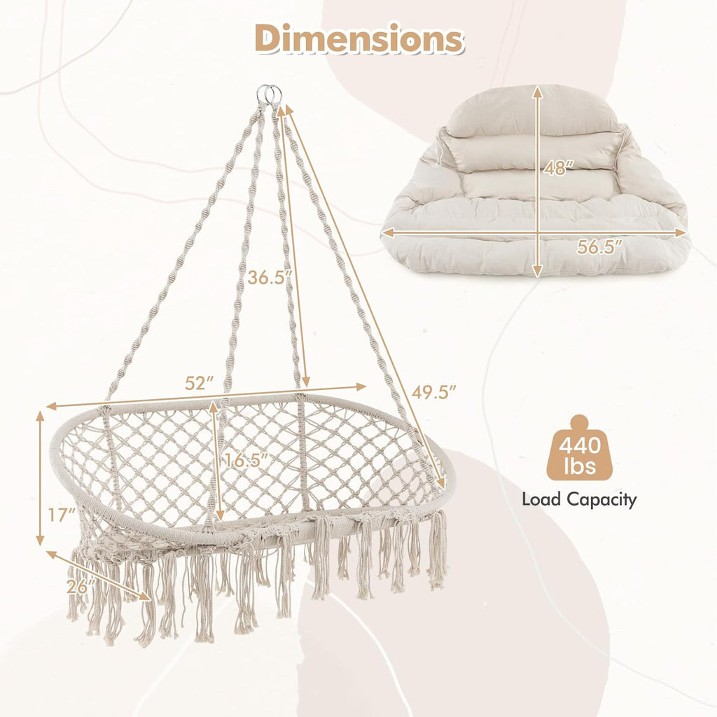 Tangkula 2-Person Hanging Hammock Chair, Boho Style Macrame Hammock Swing with Soft Cushions, Tassels, Indoor Outdoor Cotton Rope Hanging Swing Chair for Bedroom, Porch, Balcony