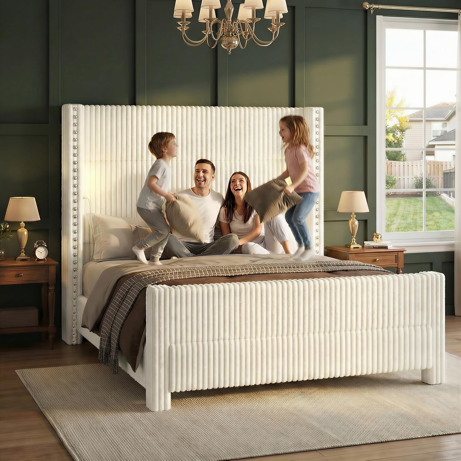 Queen Bed Frame with 56.7" Tall Headboard & Reading Lights, Corduroy Upholstered Wingback Platform Bed with Charging Station, Modern Retro Design, Noise Free, No Box Spring Required, Cream