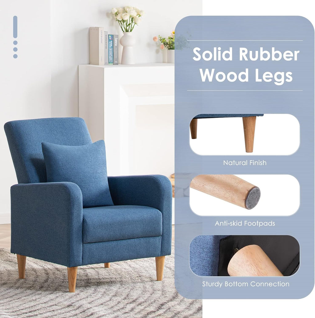 COLAMY Mid-Century Modern Upholstered Accent Chair with Back Pillow & Solid Wood Legs, Fabric Cozy Armchair for Living Room, Bedroom, Reading Nook, Apartment & Small Spaces, Blue