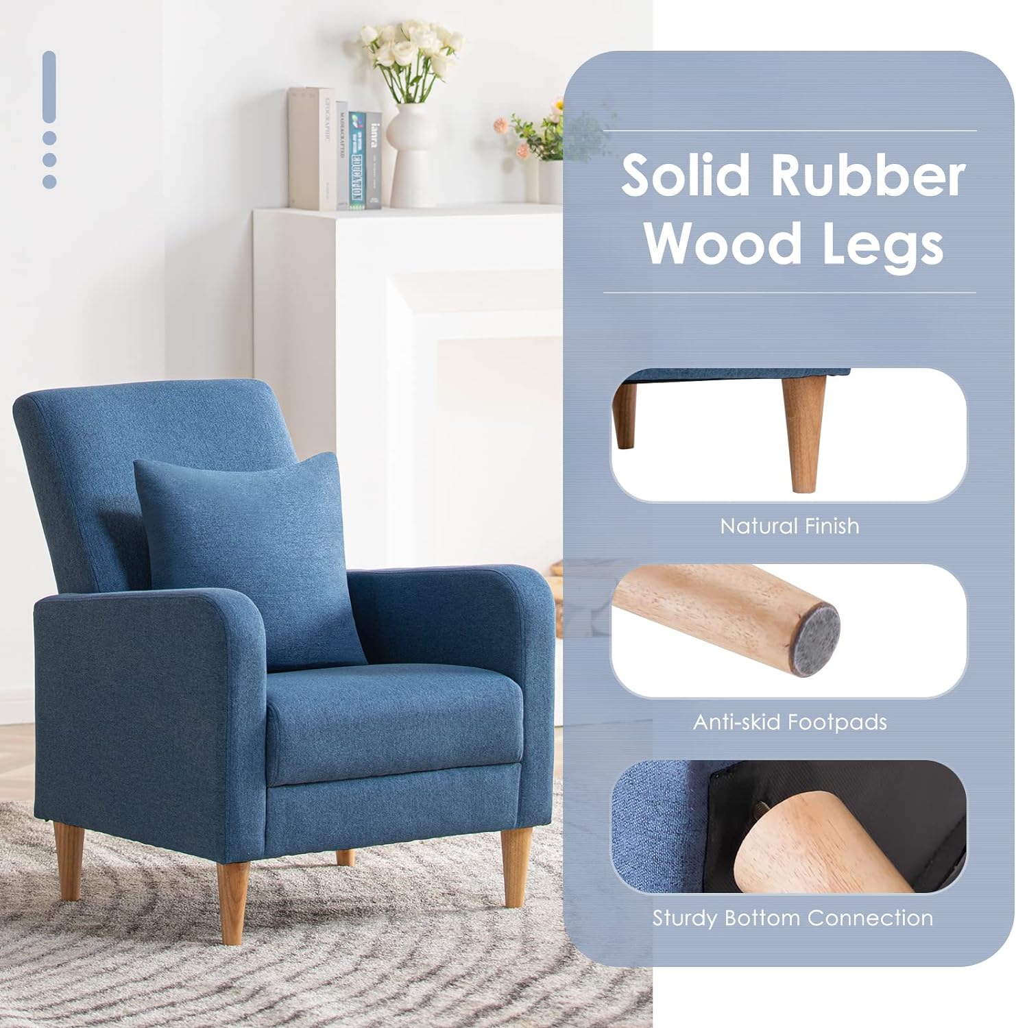 COLAMY Mid-Century Modern Upholstered Accent Chair with Back Pillow & Solid Wood Legs, Fabric Cozy Armchair for Living Room, Bedroom, Reading Nook, Apartment & Small Spaces, Blue