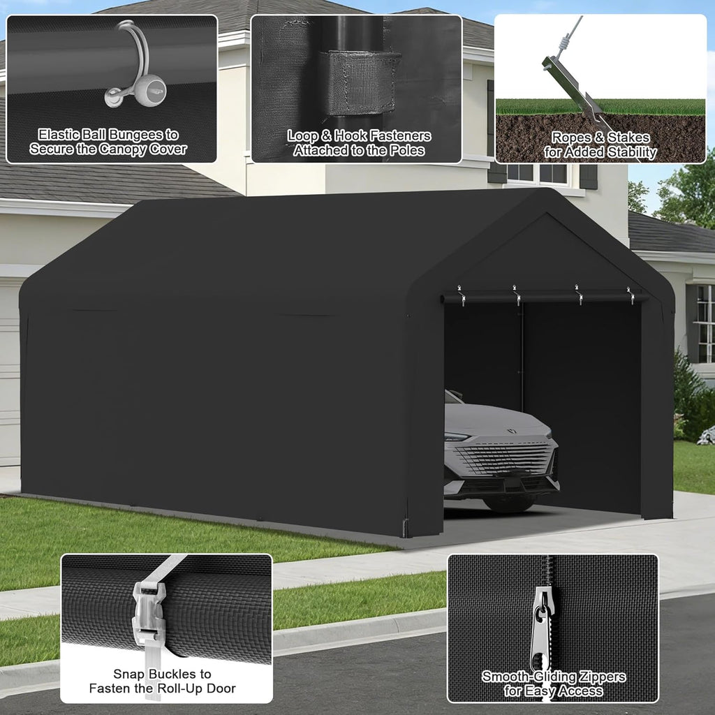 Carport 10 x 20 FT Heavy Duty, Portable Garage Canopy, Waterproof Car Canopy with Side-Opening Removable Door, Carport Canopy for Car, Truck, Boat, Equipment (Black)